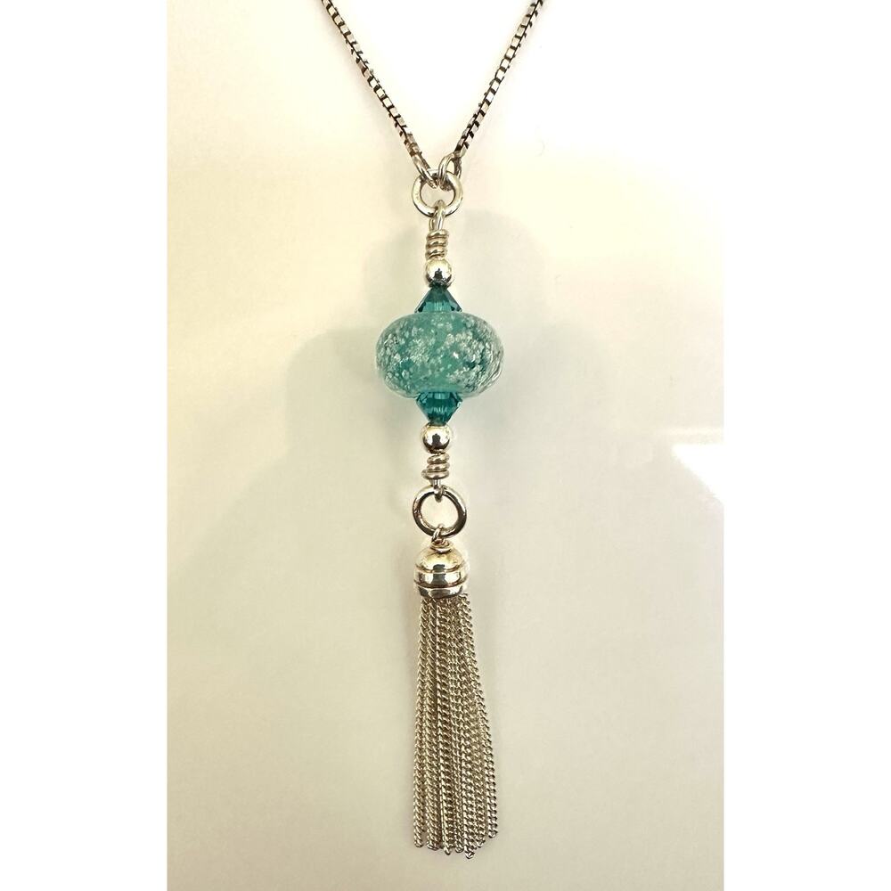 Sterling Silver 34” Adjustable Sea Green Lamp Work Tassel Pendant Chain Necklace